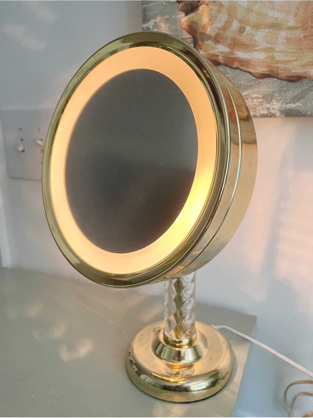 vintage brass tone Lighted Vanity Mirror with magnifying LED Ring